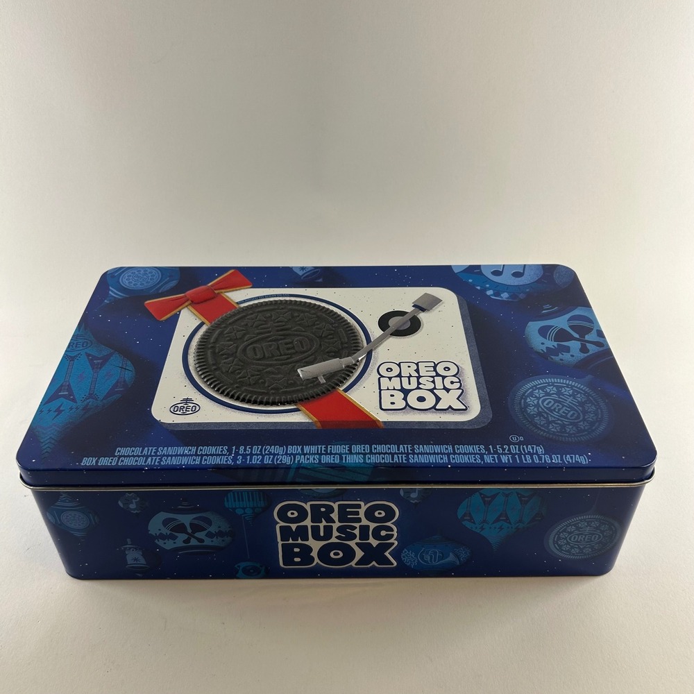 Oreo Music Box Turntable Unisex Blue Holiday Decorative Tin with Record Function